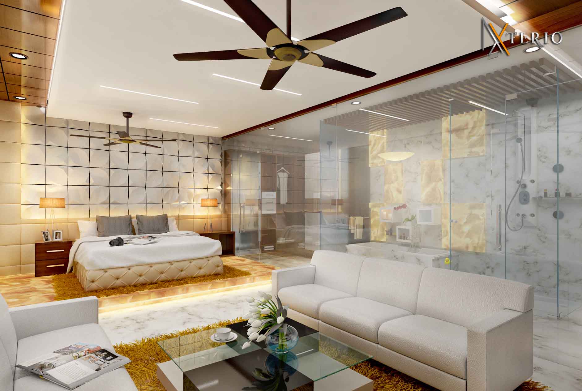 Bedroom interior with soft tones and layered lighting